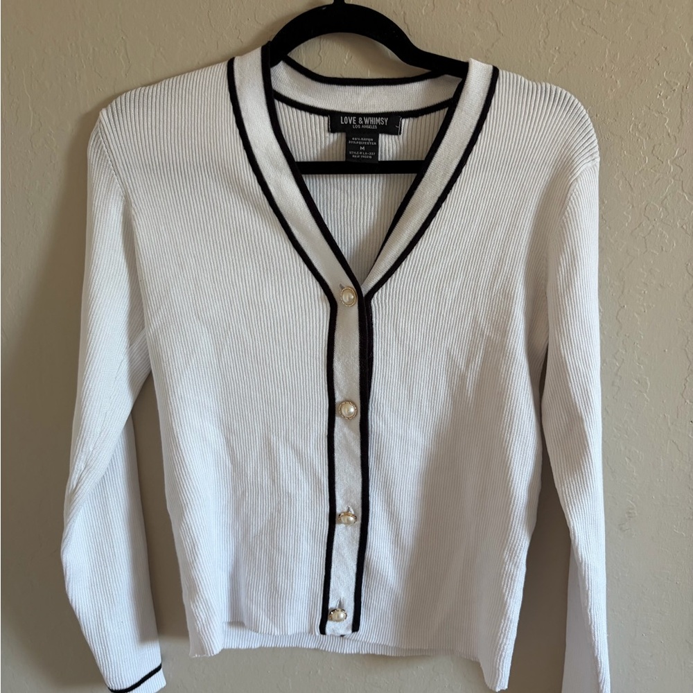 Women's White Cardigan with Black Trim